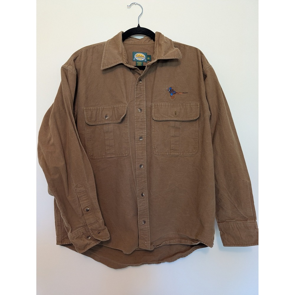 Vintage Cabela's Embroidered Pheasant Chamois Flannel Shirt Mens L Brown Button